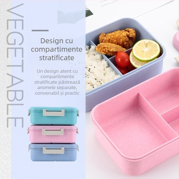 Cutie pentru prânz izolată pentru microunde, cu capac etanș, din paie de grâu, alimentară, cu două straturi și trei compartimente, 800–1000 ml