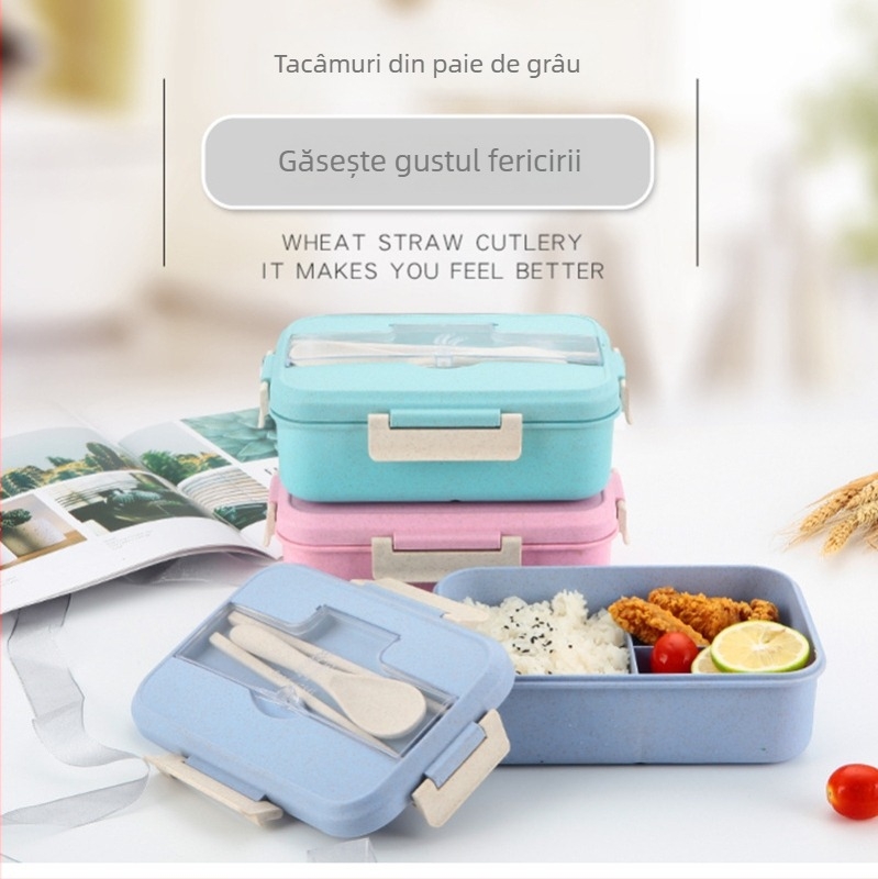 Cutie pentru prânz izolată pentru microunde, cu capac etanș, din paie de grâu, alimentară, cu două straturi și trei compartimente, 800–1000 ml