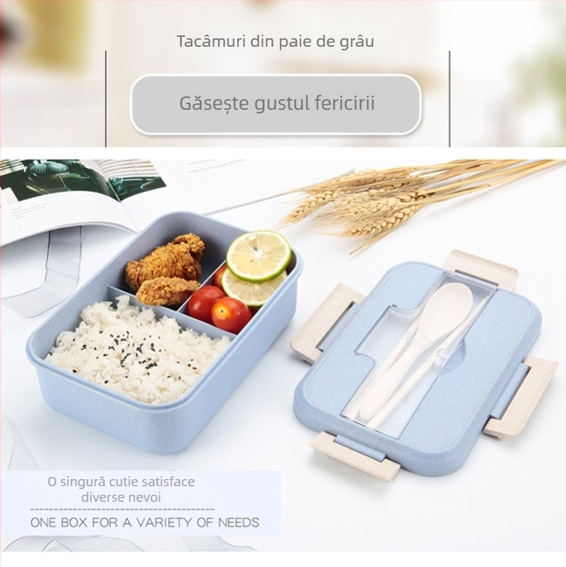 Cutie pentru prânz izolată pentru microunde, cu capac etanș, din paie de grâu, alimentară, cu două straturi și trei compartimente, 800–1000 ml