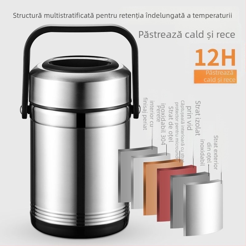 Cutie de prânz izolată din oțel inoxidabil 304, capacitate 1,6 L, pereți dubli, pentru studenți și angajați