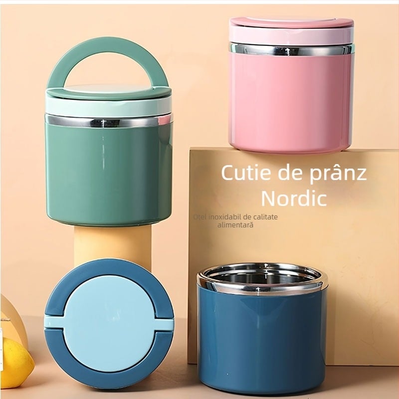Cutie rotundă de prânz, izolată termic, cu capac, din oțel inoxidabil, pentru supă și orez, portabilă pentru studenți și angajați.