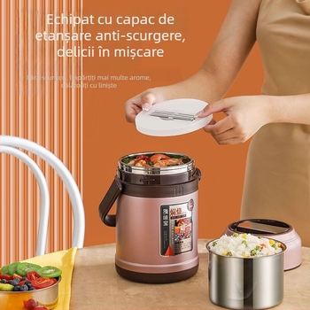 Cutie de prânz din oțel inoxidabil 304, cu mâner, izolație în vid, capacitate mare, design cu 3 straturi