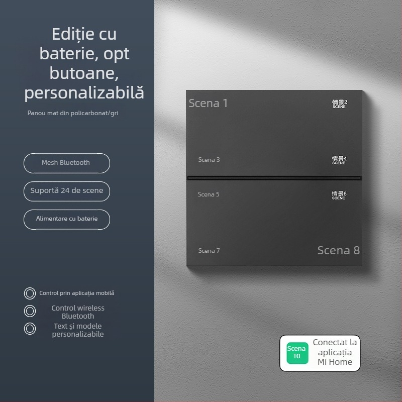 Panou întrerupător wireless, inteligent, cu opt taste și Bluetooth Mesh pentru control dual al iluminării