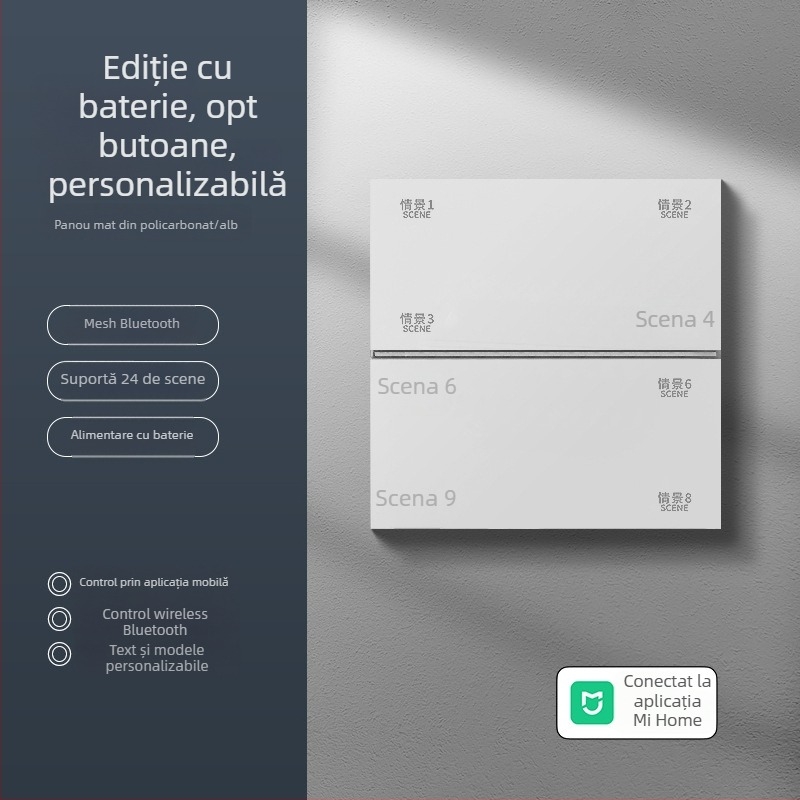 Panou întrerupător wireless, inteligent, cu opt taste și Bluetooth Mesh pentru control dual al iluminării