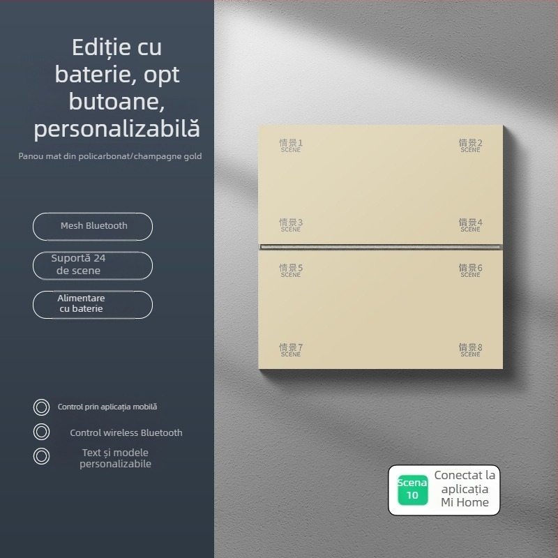 Panou întrerupător wireless, inteligent, cu opt taste și Bluetooth Mesh pentru control dual al iluminării
