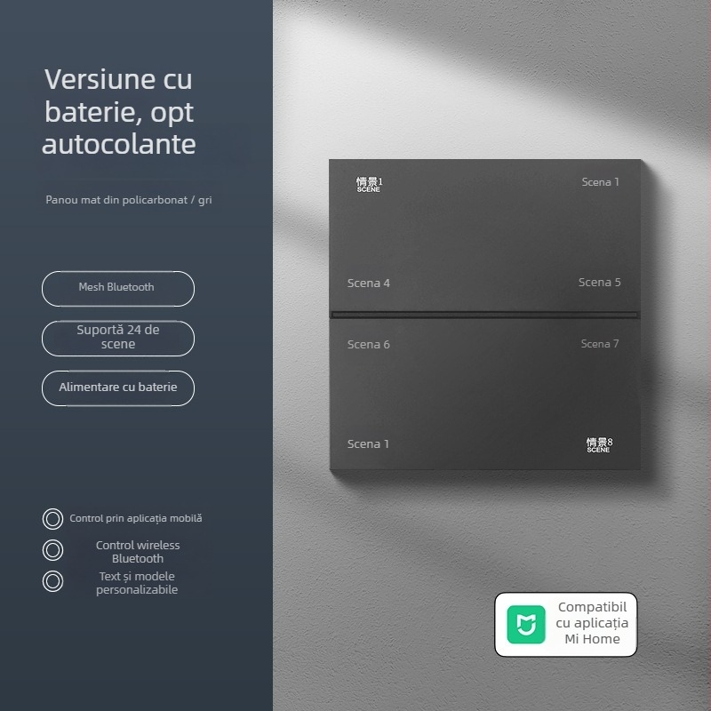 Panou întrerupător wireless, inteligent, cu opt taste și Bluetooth Mesh pentru control dual al iluminării