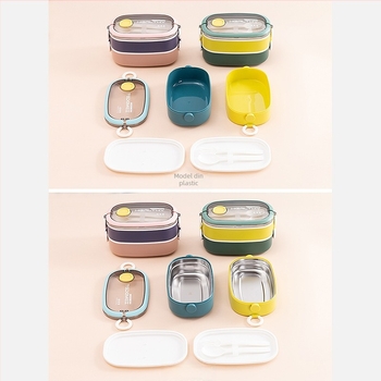 Cutie de prânz din plastic pentru elevi, cu două niveluri, interior din oțel inoxidabil 304, portabil pentru birou