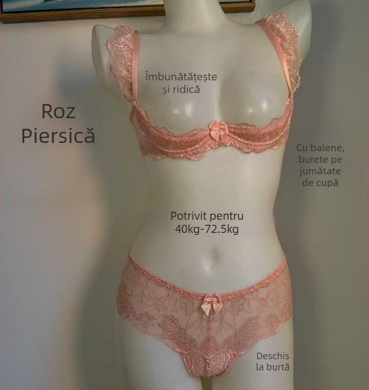 Quarter-Cup Lace Push-Up Underwire Bra, Pink Foam Cups, Open-Crotch Panties