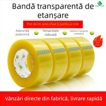 Bomeipack Bandă de ambalare transparentă, 50 µm grosime, film BOPP, bandă de sigilare pentru logistică și birou, lățime 4.5–6 cm, lungime 60–200 m, Transparent alb sau Transparent galben