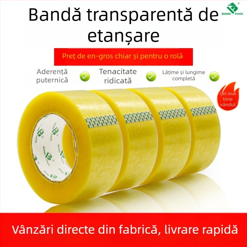 Bomeipack Bandă de ambalare transparentă, 50 µm grosime, film BOPP, bandă de sigilare pentru logistică și birou, lățime 4.5–6 cm, lungime 60–200 m, Transparent alb sau Transparent galben