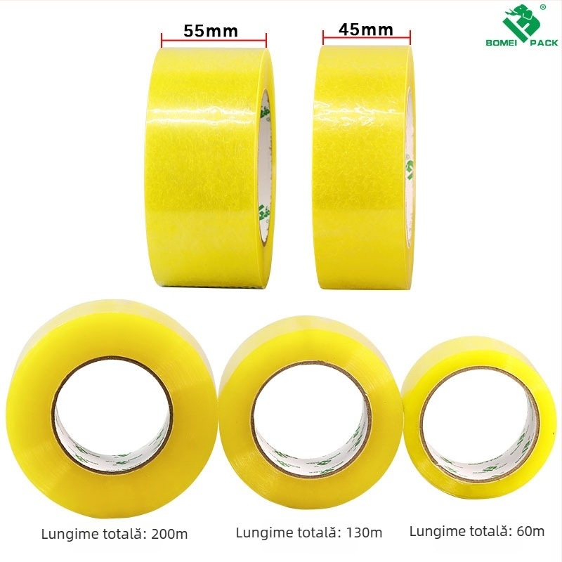 Bomeipack Bandă de ambalare transparentă, 50 µm grosime, film BOPP, bandă de sigilare pentru logistică și birou, lățime 4.5–6 cm, lungime 60–200 m, Transparent alb sau Transparent galben