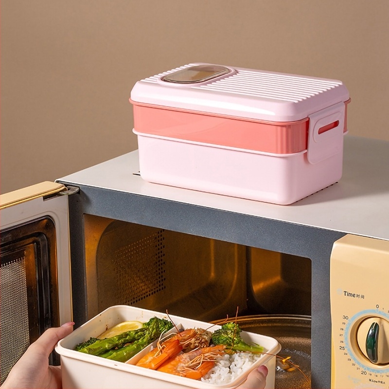 Cutie prânz japoneză cu compartimente, două niveluri, compatibilă cu microunde, portabilă, 800–1000 ml, formă pătrată