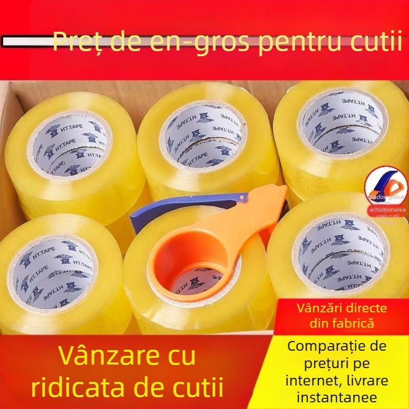 Bandă de ambalare, rolă mare, bej transparent, adeziv puternic, pentru sigilarea cutiilor, lățime 4,35 cm