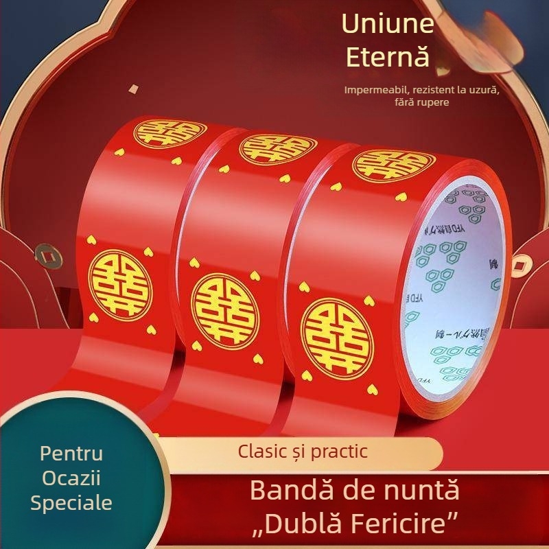 Bandă roșie cu simbolul fericirii duble pentru împachetarea zestrei și decorarea camerei de nuntă, potrivită pentru sărbătorile de Anul Nou