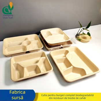 Cutie biodegradabilă pentru salată, de unică folosință, cu mai multe compartimente și capac PET transparent, cutie pătrată pentru takeout