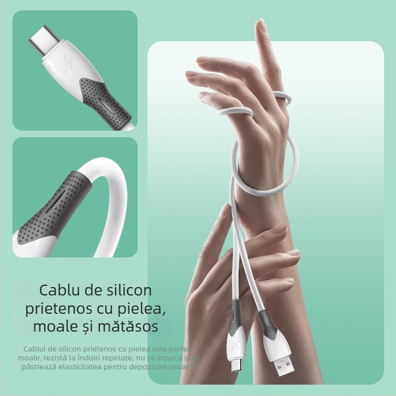 Cablu Type-C anti-bend pentru încărcare rapidă, 100W, cu cupru pur, senzație TPE de silicon, transfer de date