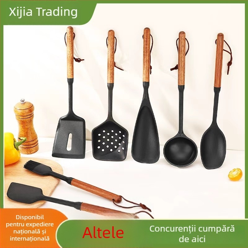 Set spatule silicoane cu mâner din lemn, ustensile bucătărie rezistente la temperaturi înalte, lingură de supă și spatule pentru tigaie