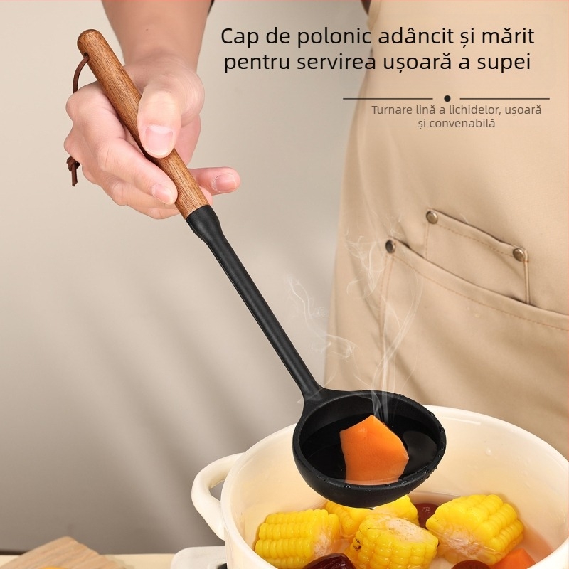 Set spatule silicoane cu mâner din lemn, ustensile bucătărie rezistente la temperaturi înalte, lingură de supă și spatule pentru tigaie