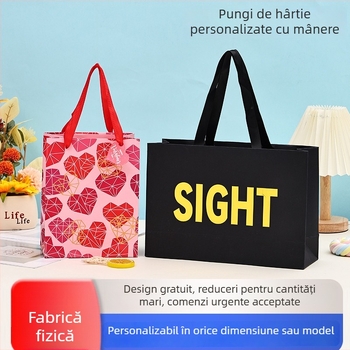 Geantă din hârtie Kraft cu mâner - ambalaj cadou de lux personalizat pentru magazine de îmbrăcăminte, geantă de cumpărături cadou, en-gros