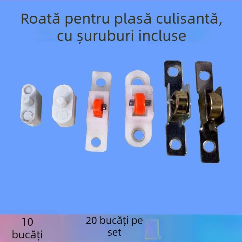 Set de accesorii pentru plase de ferestre: role, ghidaje, șine, bandă de etanșare (spline) și unelte de instalare