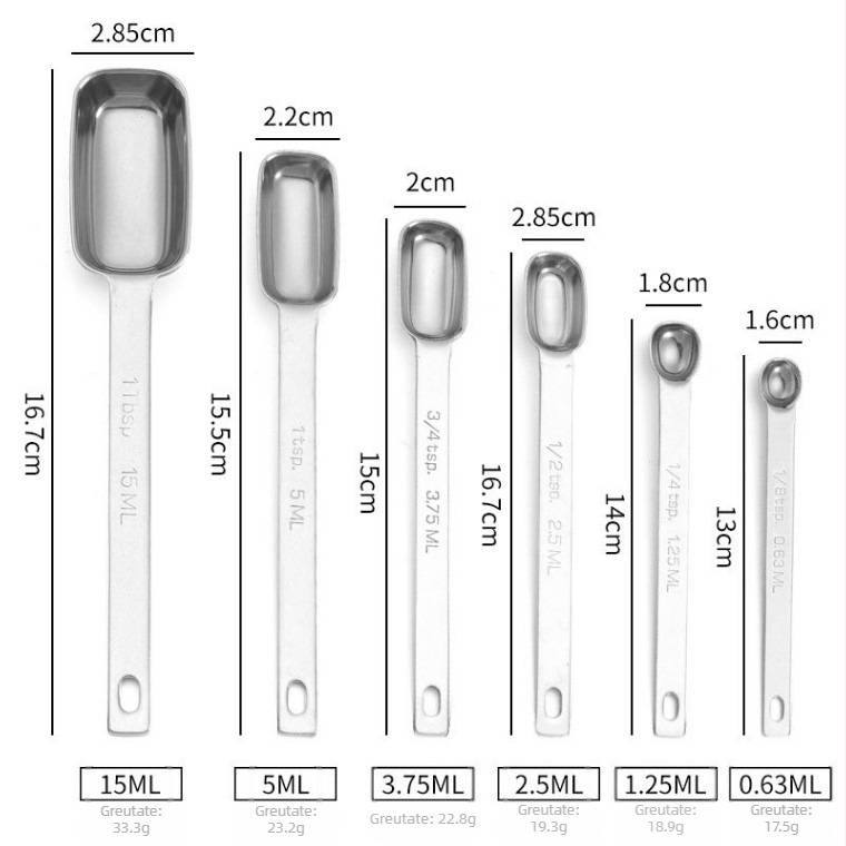 Lingură de măsurat din oțel inoxidabil 304, cu dimensiuni multiple și formă pătrată, pentru cafea și pudră de lapte, ustensilă de copt, cu scară de măsurare pentru sare