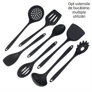 Set spatule din silicon pentru tigăi antiaderente, 8 piese: spatulă, lingură cu găuri, spatulă plată și lingură de amestec