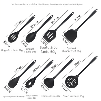 Set spatule din silicon pentru tigăi antiaderente, 8 piese: spatulă, lingură cu găuri, spatulă plată și lingură de amestec
