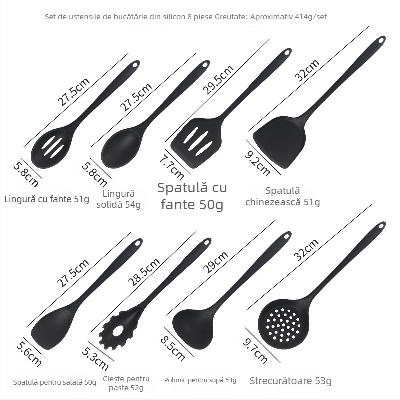 Set spatule din silicon pentru tigăi antiaderente, 8 piese: spatulă, lingură cu găuri, spatulă plată și lingură de amestec
