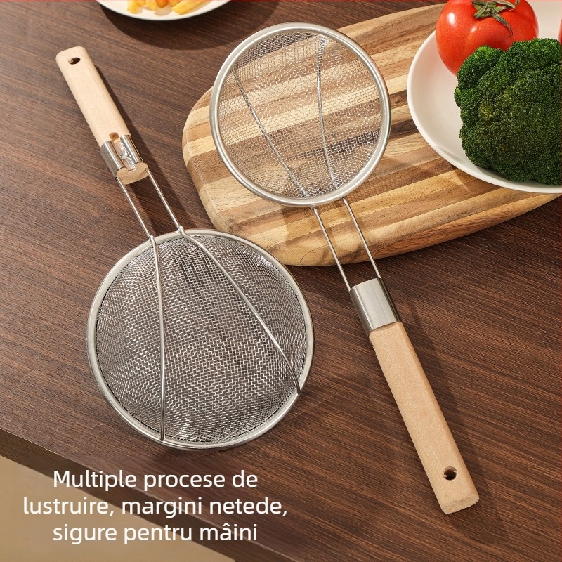 Lingură filtrant din oțel inoxidabil cu mâner din lemn, sită din plasă densă, pentru oale fierbinți, prăjit și tăiței
