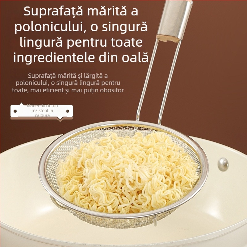 Lingură filtrant din oțel inoxidabil cu mâner din lemn, sită din plasă densă, pentru oale fierbinți, prăjit și tăiței