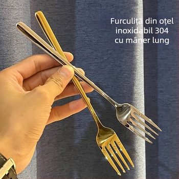 Furculiță din oțel inoxidabil 304, mâner lung, stil coreean, finisaj auriu, pentru hoteluri și restaurante, potrivită pentru ramen, salate și fructe