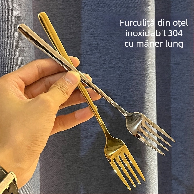 Furculiță din oțel inoxidabil 304, mâner lung, stil coreean, finisaj auriu, pentru hoteluri și restaurante, potrivită pentru ramen, salate și fructe
