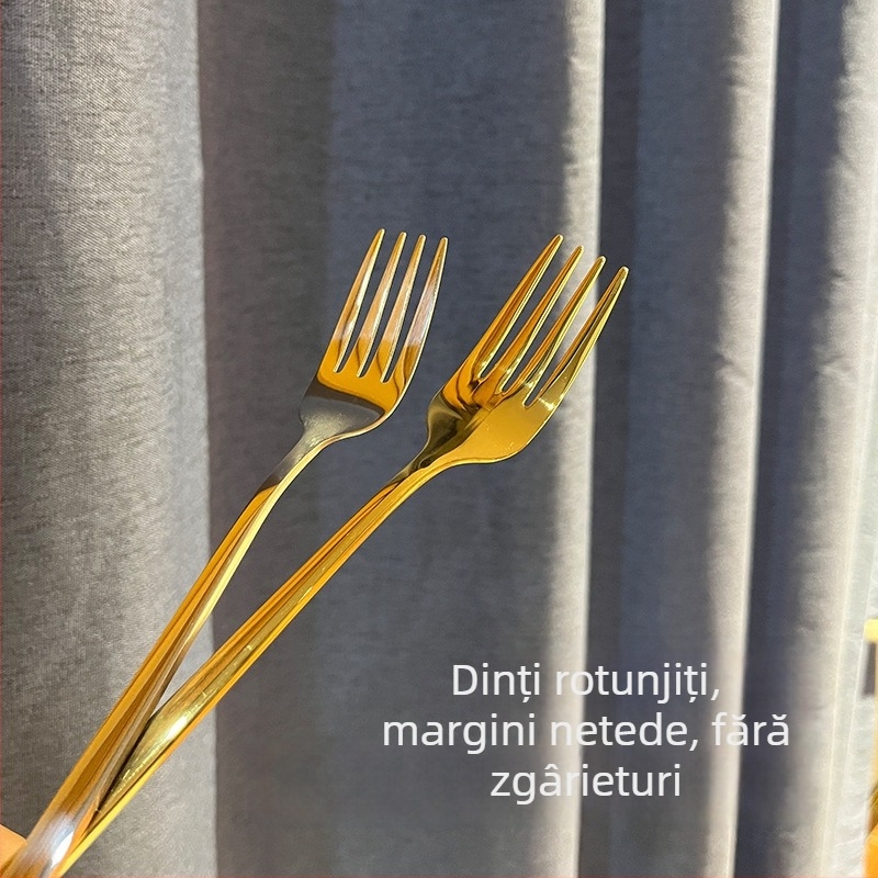 Furculiță din oțel inoxidabil 304, mâner lung, stil coreean, finisaj auriu, pentru hoteluri și restaurante, potrivită pentru ramen, salate și fructe