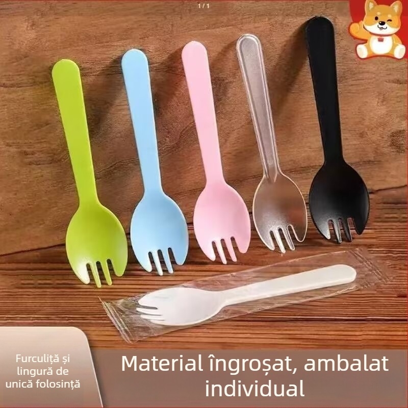 Set de tacâmuri de unică folosință, ambalaj individual: furculiță, lingură și cuțit pentru prăjituri, deserturi și salate, versiune îngroșată