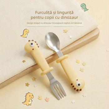 Set linguriță și furculiță pentru bebeluși, în formă de dinozaur, din oțel inoxidabil 304, galben aprins