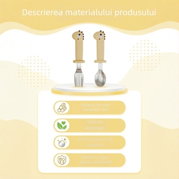 Set linguriță și furculiță pentru bebeluși, în formă de dinozaur, din oțel inoxidabil 304, galben aprins