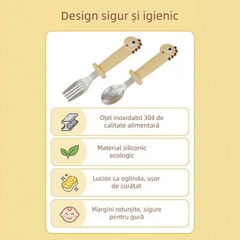 Set linguriță și furculiță pentru bebeluși, în formă de dinozaur, din oțel inoxidabil 304, galben aprins