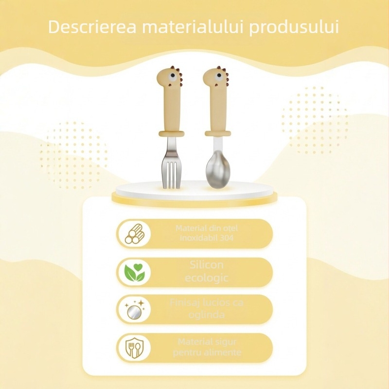 Set linguriță și furculiță pentru bebeluși, în formă de dinozaur, din oțel inoxidabil 304, galben aprins