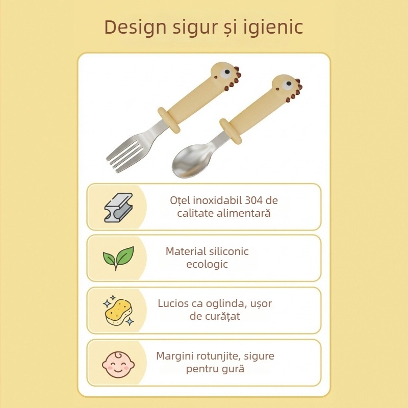 Set linguriță și furculiță pentru bebeluși, în formă de dinozaur, din oțel inoxidabil 304, galben aprins