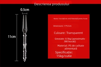 Furculiță pentru fructe din plastic transparent, din PS, de unică folosință, cu două dinți