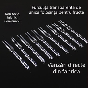 Furculiță pentru fructe din plastic transparent, din PS, de unică folosință, cu două dinți