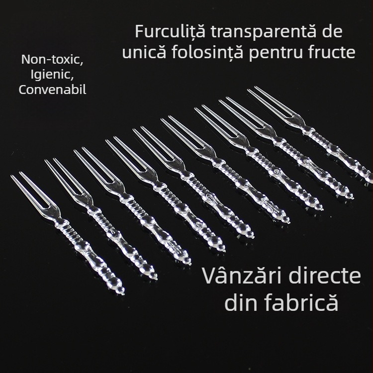 Furculiță pentru fructe din plastic transparent, din PS, de unică folosință, cu două dinți