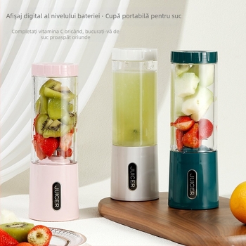 Storcător de fructe din sticlă, portabil, reîncărcabil, fără cablu, semi-automat, capacitate sub 1 L, dimensiuni 8x8x24 cm, pentru 2–3 porții