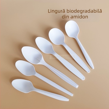 Tacâmuri de unică folosință, albe, îngroșate, din amidon de porumb; biodegradabile.