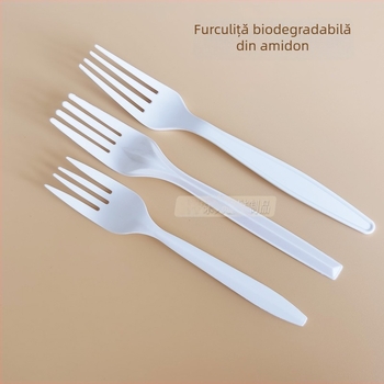 Tacâmuri de unică folosință, albe, îngroșate, din amidon de porumb; biodegradabile.