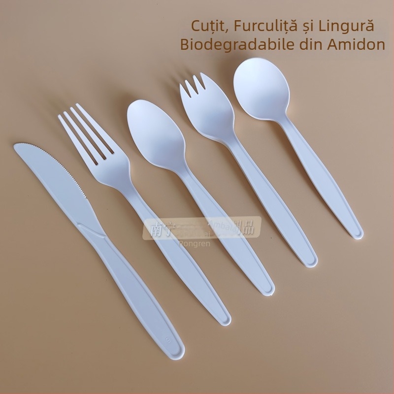 Tacâmuri de unică folosință, albe, îngroșate, din amidon de porumb; biodegradabile.