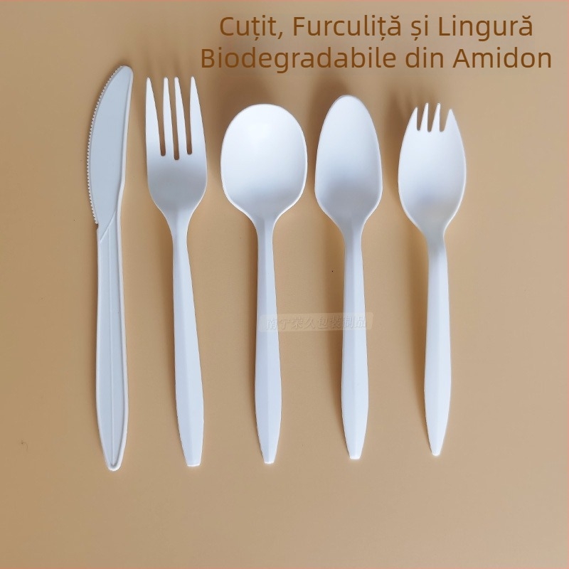 Tacâmuri de unică folosință, albe, îngroșate, din amidon de porumb; biodegradabile.