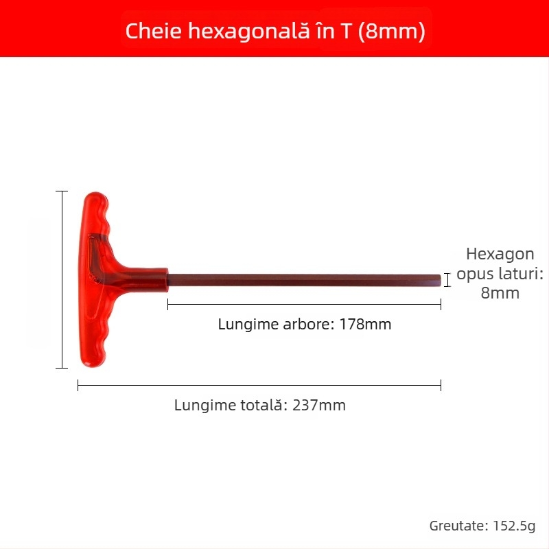 Cheie Allen în formă de T din oțel S2, cu duritate înaltă, mâner, cheie hexagonală internă și șurubelniță cu cap plat