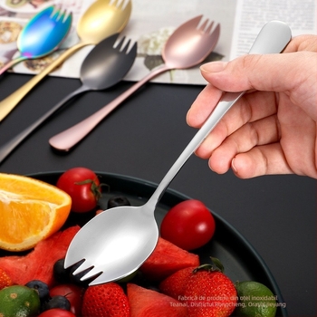 1010 Furculiță pentru salată din oțel inoxidabil, mâner lung, design îngroșat, pentru fructe și deserturi; potrivită pentru casă, hotel și restaurant