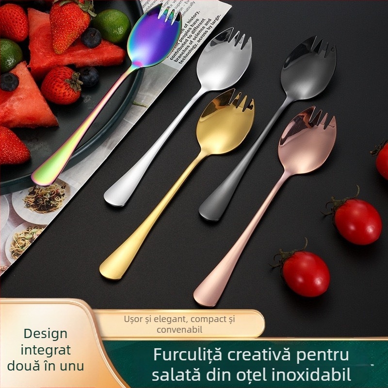 1010 Furculiță pentru salată din oțel inoxidabil, mâner lung, design îngroșat, pentru fructe și deserturi; potrivită pentru casă, hotel și restaurant